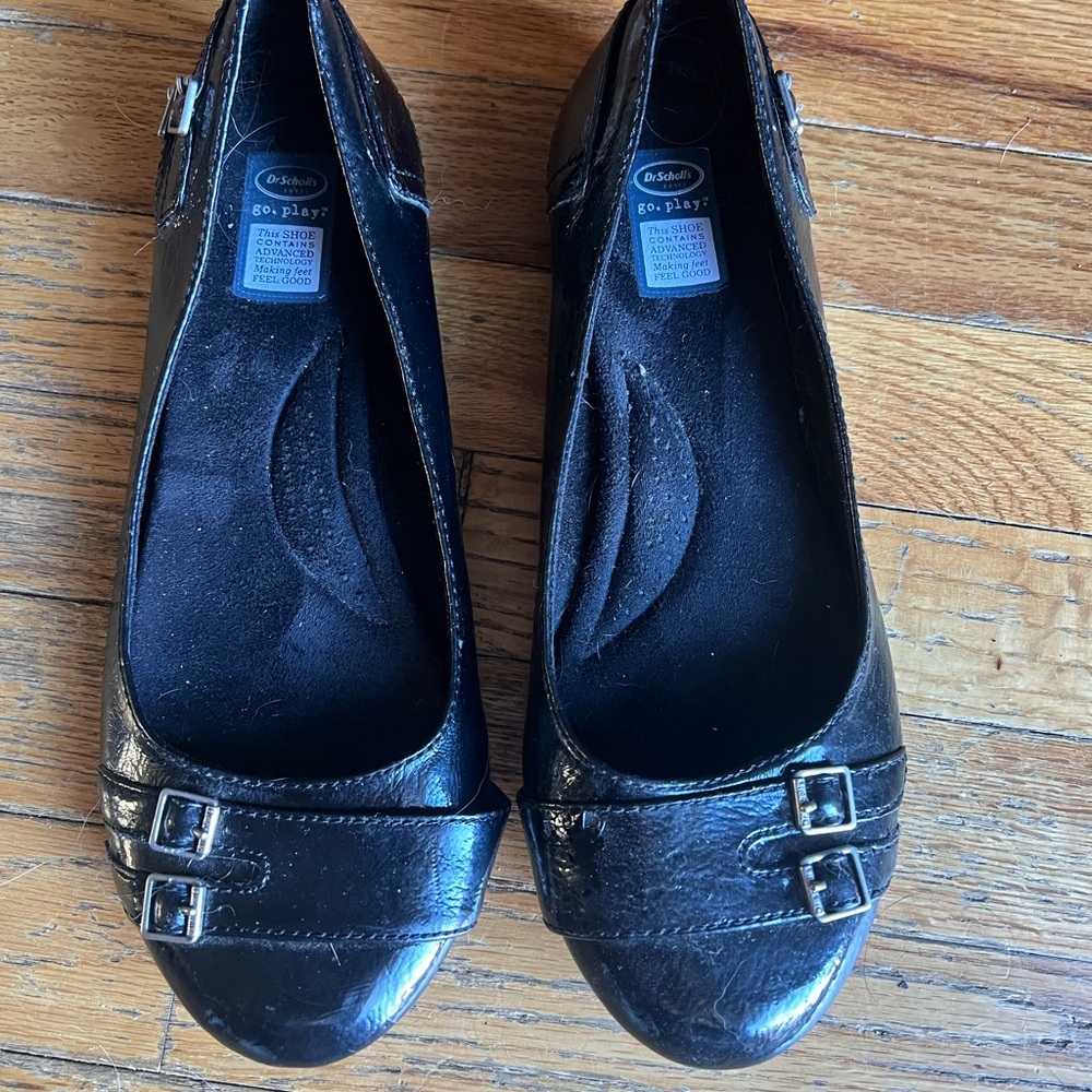 Dr. Scholl's Classic Black Patent Vegan Leather Flats with Dual Buckle